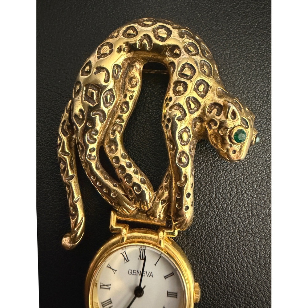 Vintage Leopard Watch Brooch Tassel Lapel Gold Tone Rhinestone READ